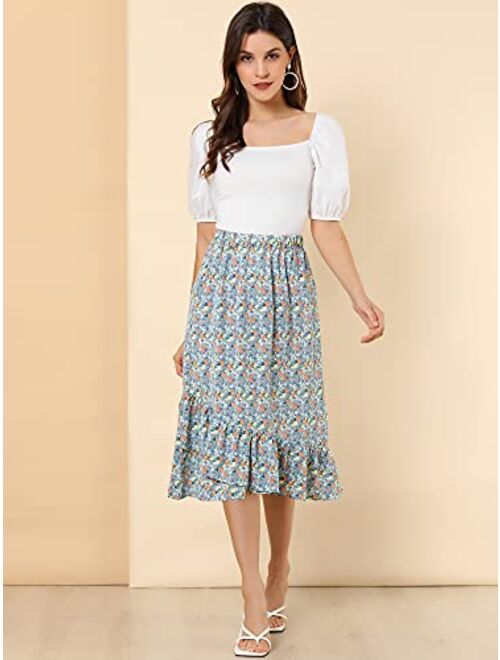 Allegra K Women's Floral Elastic Waist Ruffle High Low Hem Spring Vintage Skirt