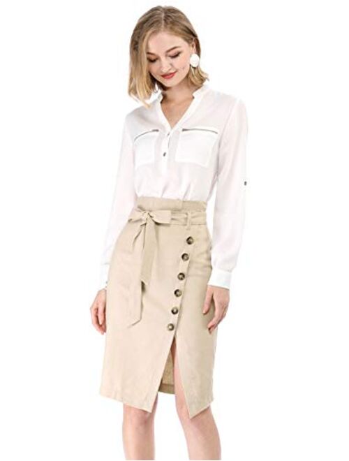 Allegra K Women's Button Decor Split Belted Smocked Vintage Short Pencil Skirt