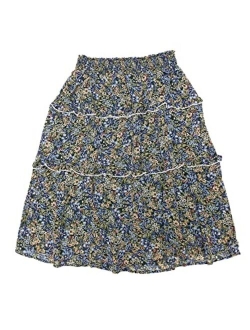 Women's Floral Skirts Smocked Elastic Waist Knee Length Ruffle Tiered Skirt