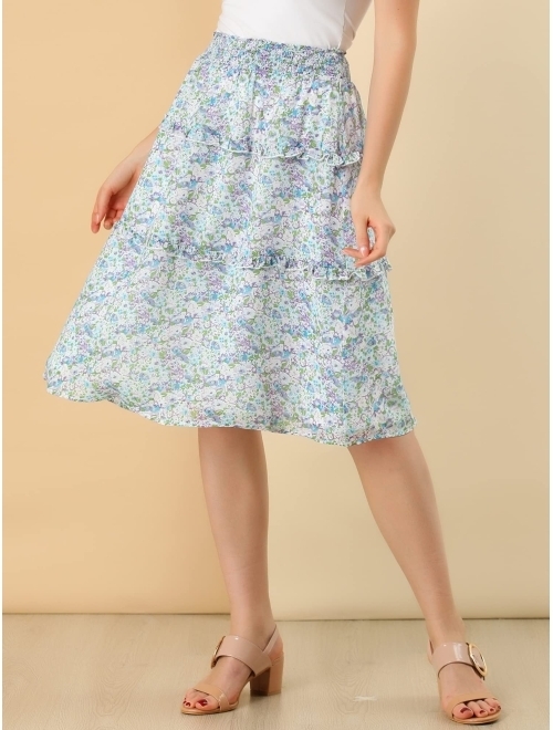 Allegra K Women's Floral Skirts Smocked Elastic Waist Knee Length Ruffle Tiered Skirt