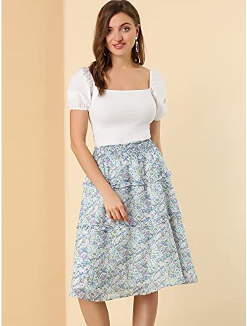 Allegra K Women's Floral Skirts Smocked Elastic Waist Knee Length Ruffle Tiered Skirt