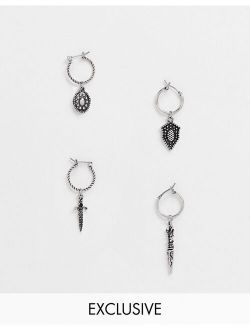 inspired hoop earring multipack in burnished silver with daggers and roman coins