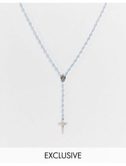 inspired unisex rosary necklace with cross in blue bead and silver