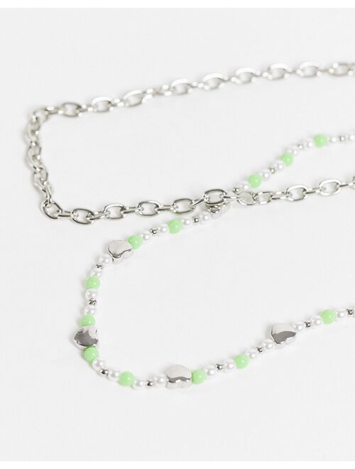 Reclaimed Vintage inspired unisex necklaces with hearts beads in green and silver