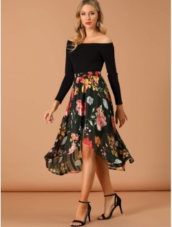 Women's High Low Hem Elastic Waist Lurex Chiffon A-Line Midi Floral Skirt