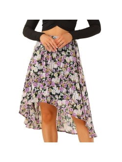 Women's High Low Hem Elastic Waist Lurex Chiffon A-Line Midi Floral Skirt
