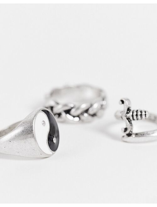 Reclaimed Vintage Inspired unisex rings with yin yang in silver 3 pack