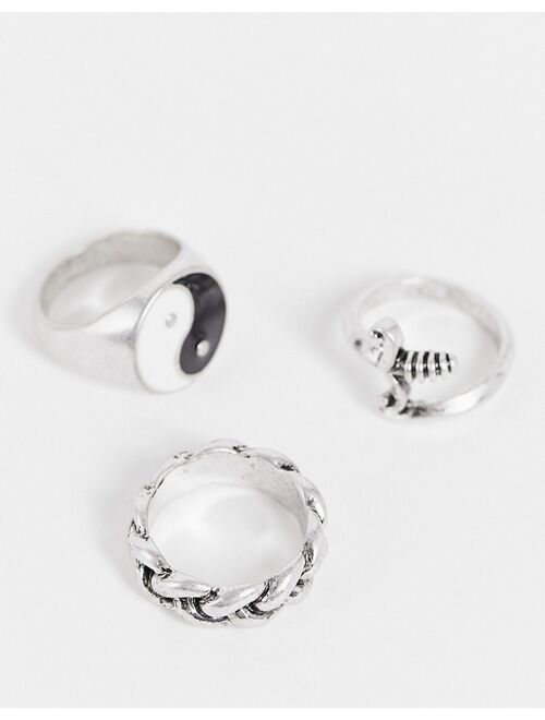 Reclaimed Vintage Inspired unisex rings with yin yang in silver 3 pack