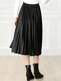 Women's High Elastic Waist Velvet Plisse Pleated Swing Midi Skirt