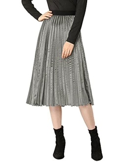 Women's High Elastic Waist Velvet Plisse Pleated Swing Midi Skirt