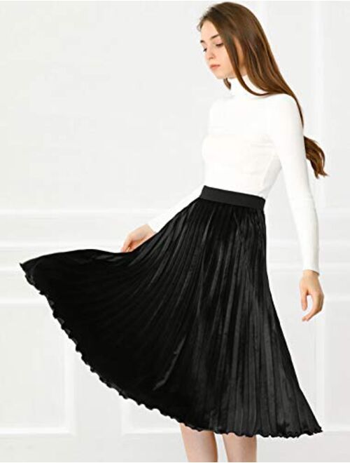 Allegra K Women's High Elastic Waist Velvet Plisse Pleated Swing Midi Skirt