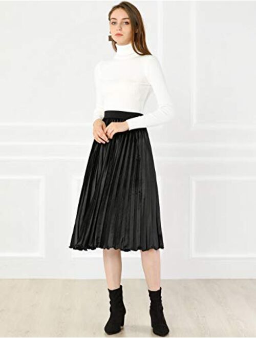 Allegra K Women's High Elastic Waist Velvet Plisse Pleated Swing Midi Skirt