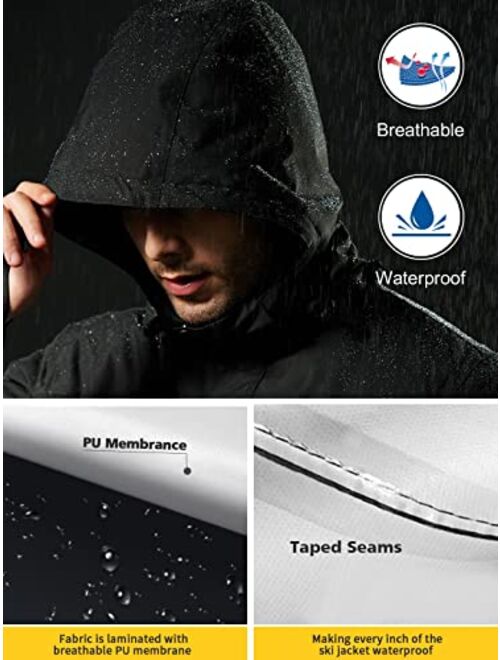 FREE SOLDIER Men's Waterproof Ski Snow Jacket Fleece Lined Warm Winter Rain Jacket with Hood Fully Taped Seams