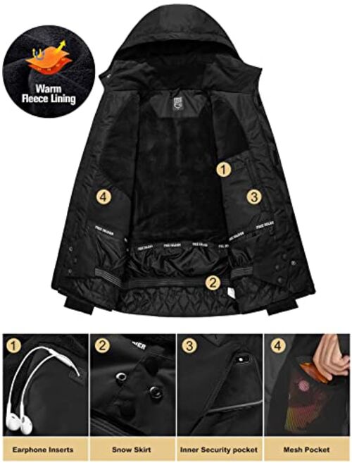 FREE SOLDIER Men's Waterproof Ski Snow Jacket Fleece Lined Warm Winter Rain Jacket with Hood Fully Taped Seams