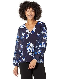 Printed V-Neck Blouse with Pleated Sleeves