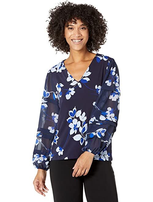Calvin Klein Printed V-Neck Blouse with Pleated Sleeves