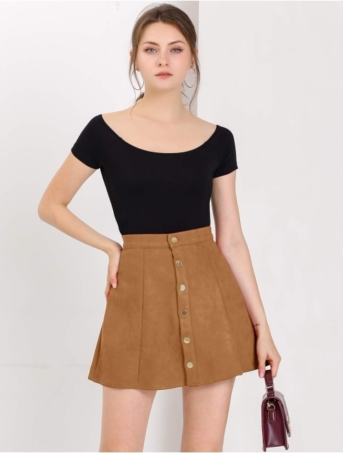 Allegra K Women's Faux Suede Button Closure A-Line High Waisted Flared Mini Short Skirt