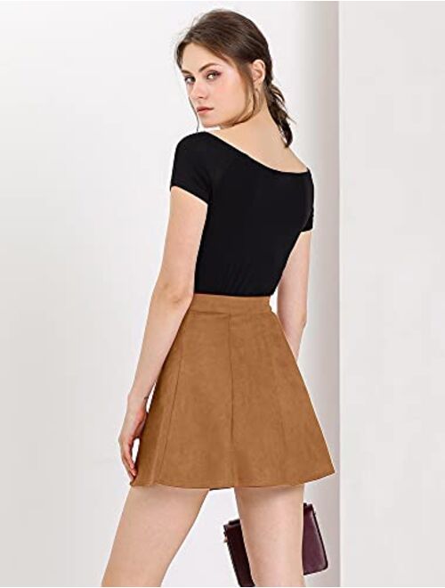 Allegra K Women's Faux Suede Button Closure A-Line High Waisted Flared Mini Short Skirt