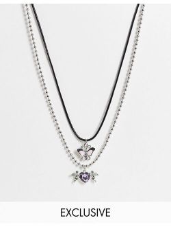 Inspired unisex multirow necklace with butterfly charm in silver