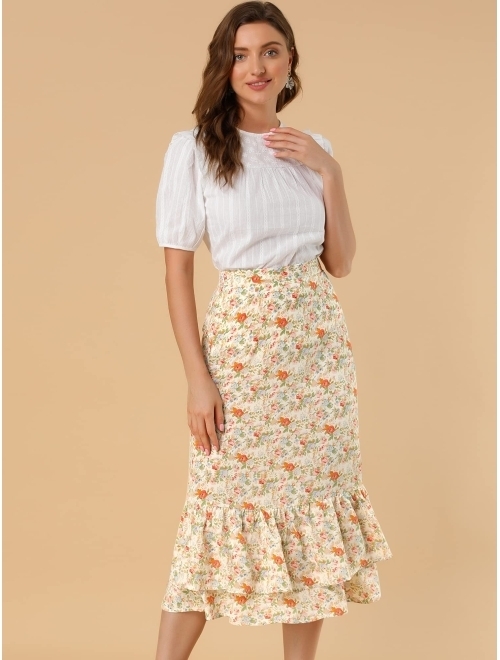 Allegra K Women's Printed Skirt Chiffon Elastic Waist Ruffle Tiered Flowy Midi Skirts