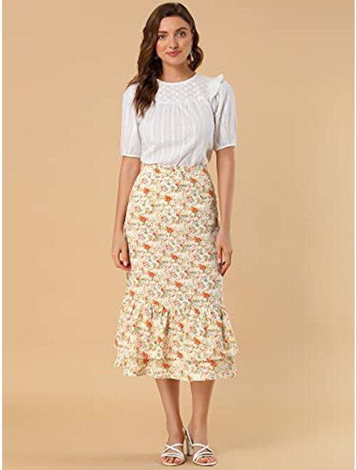 Allegra K Women's Printed Skirt Chiffon Elastic Waist Ruffle Tiered Flowy Midi Skirts