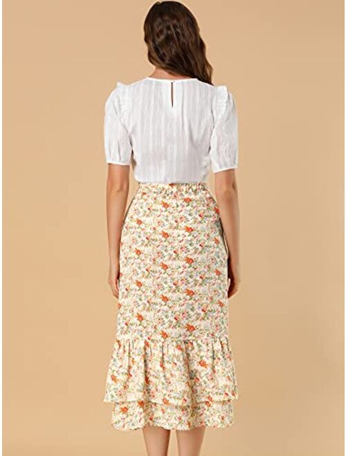 Allegra K Women's Printed Skirt Chiffon Elastic Waist Ruffle Tiered Flowy Midi Skirts