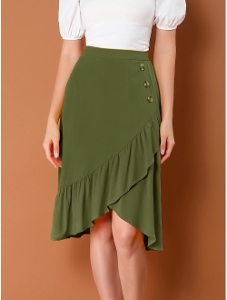 Women's Button Decor High Waist Solid Color Asymmetrical Ruffle Skirt