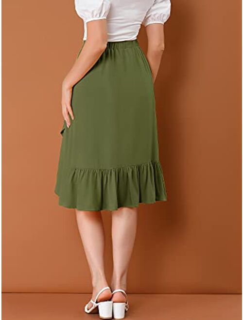 Allegra K Women's Button Decor High Waist Solid Color Asymmetrical Ruffle Skirt