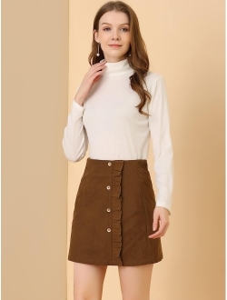 Women's Corduroy Vintage Button Decor Ruffled Trim High Waist Faux Wrap Skirt
