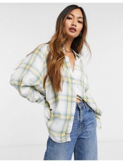 WFH long sleeve boyfriend shirt in washed green and yellow check