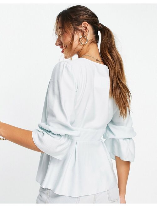 ASOS DESIGN button front tea blouse with volume sleeves in blue