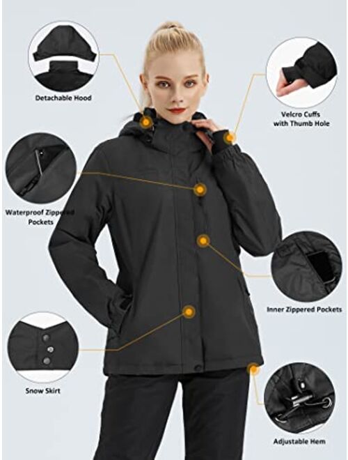 FREE SOLDIER Women's Waterproof Ski Snow Jacket Fleece Lined Warm Winter Rain Jacket with Hood Fully Taped Seams