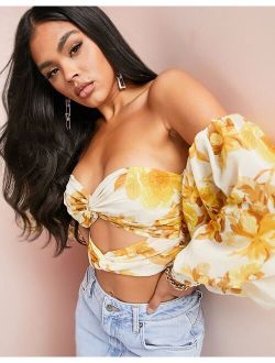 bardot top with extreme sleeve in yellow floral print