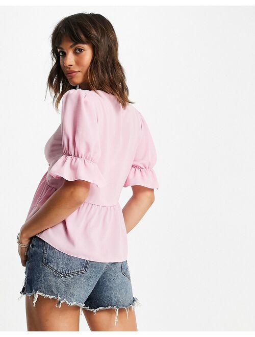 ASOS DESIGN ruched front peplum top with puff sleeve in blush