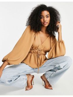 long sleeve V-neck top with kimono sleeves and tie front in camel