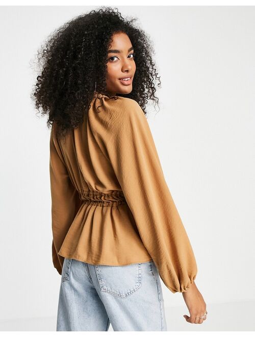 ASOS DESIGN long sleeve V-neck top with kimono sleeves and tie front in camel