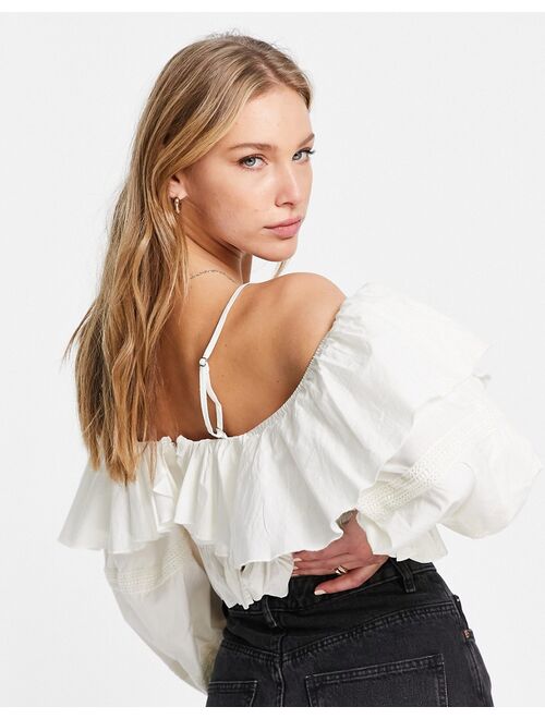 ASOS DESIGN cold shoulder ruffle top with eyelet insert in ivory
