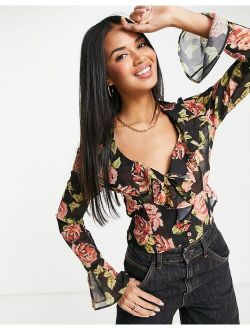 frill neck crop shirt with flare sleeve and ruffle detail in brown floral print