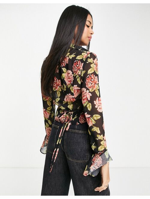 ASOS DESIGN frill neck crop shirt with flare sleeve and ruffle detail in brown floral print