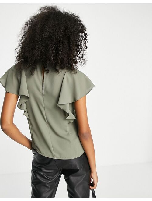 ASOS DESIGN high neck blouse with frill sleeve detail in khaki