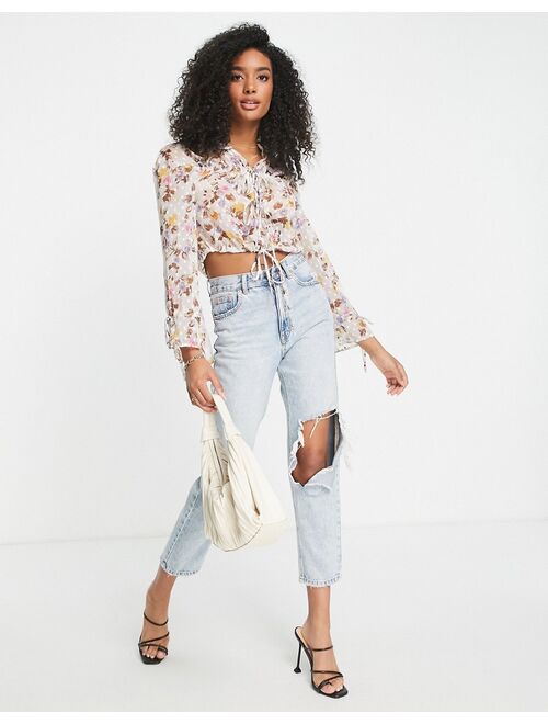 ASOS DESIGN long sleeve textured top with tie front in tonal floral print