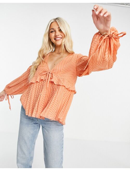 ASOS DESIGN sheer v neck top with frill and tie waist detail in apricot