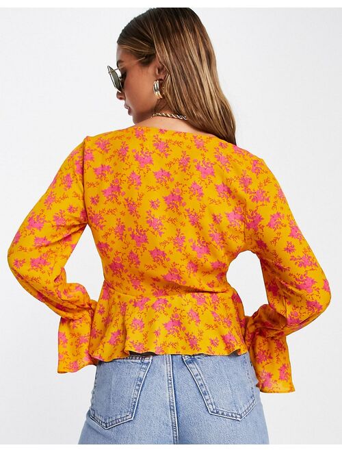 ASOS DESIGN ruched front blouse with long sleeve in orange floral