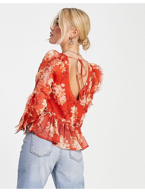 ASOS DESIGN v neck blouse with frill long sleeve detail in red print