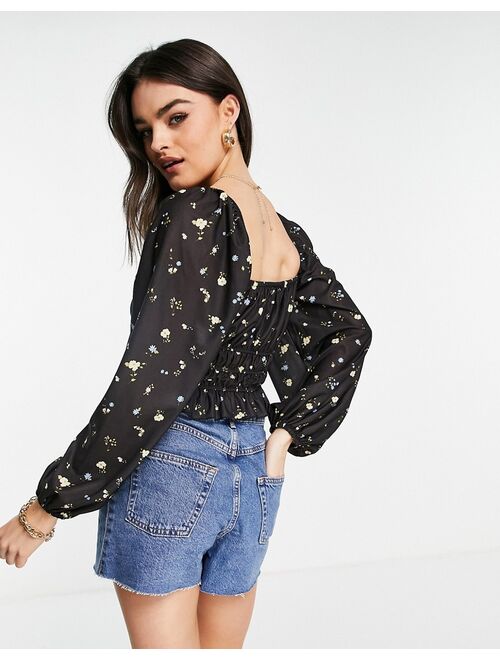 ASOS DESIGN square neck top with shirred waist in dark floral