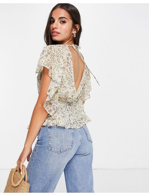 ASOS DESIGN v neck top with ruffle sleeve detail in sheer floral print