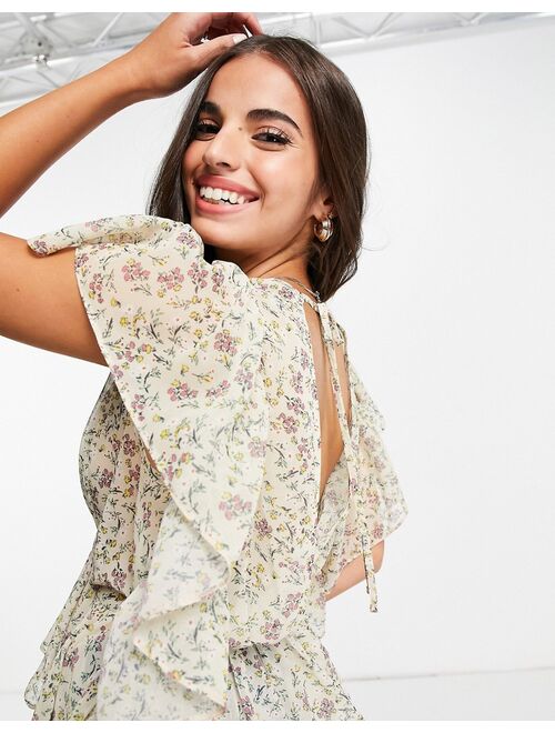 ASOS DESIGN v neck top with ruffle sleeve detail in sheer floral print