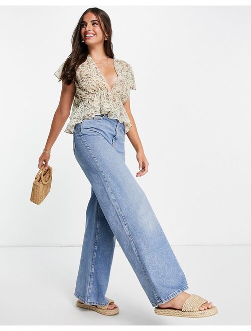 ASOS DESIGN v neck top with ruffle sleeve detail in sheer floral print