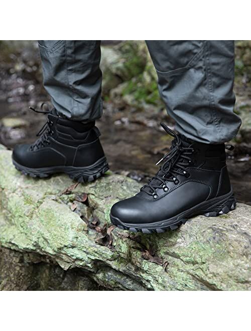 FREE SOLDIER Men's Waterproof Hiking Boots Mid Ankle Leather Work Boots Durable Non-Slip Hiking Shoes