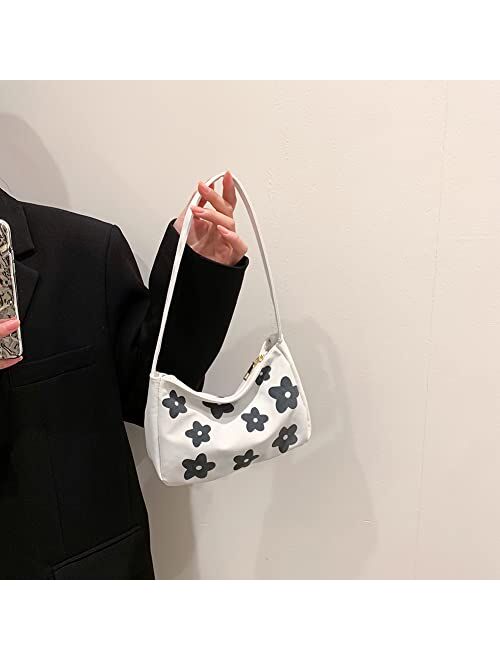 Jqwygb Canvas Underarm Bags for Women, Fashion Flower Style Shoulder Bag, Lightweight Mini Handbags with Zipper Closure